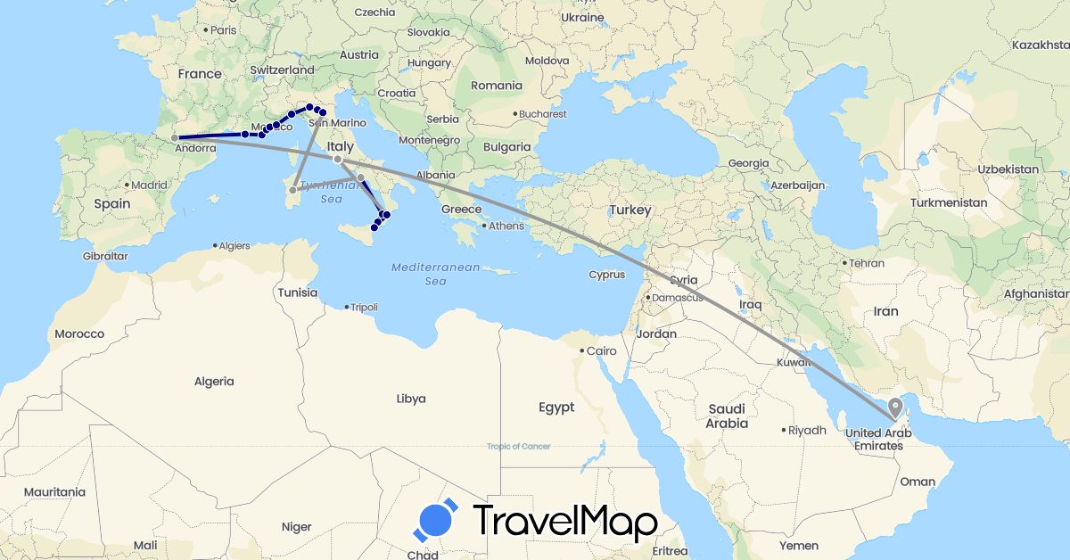 TravelMap itinerary: driving, plane in United Arab Emirates, France, Italy (Asia, Europe)